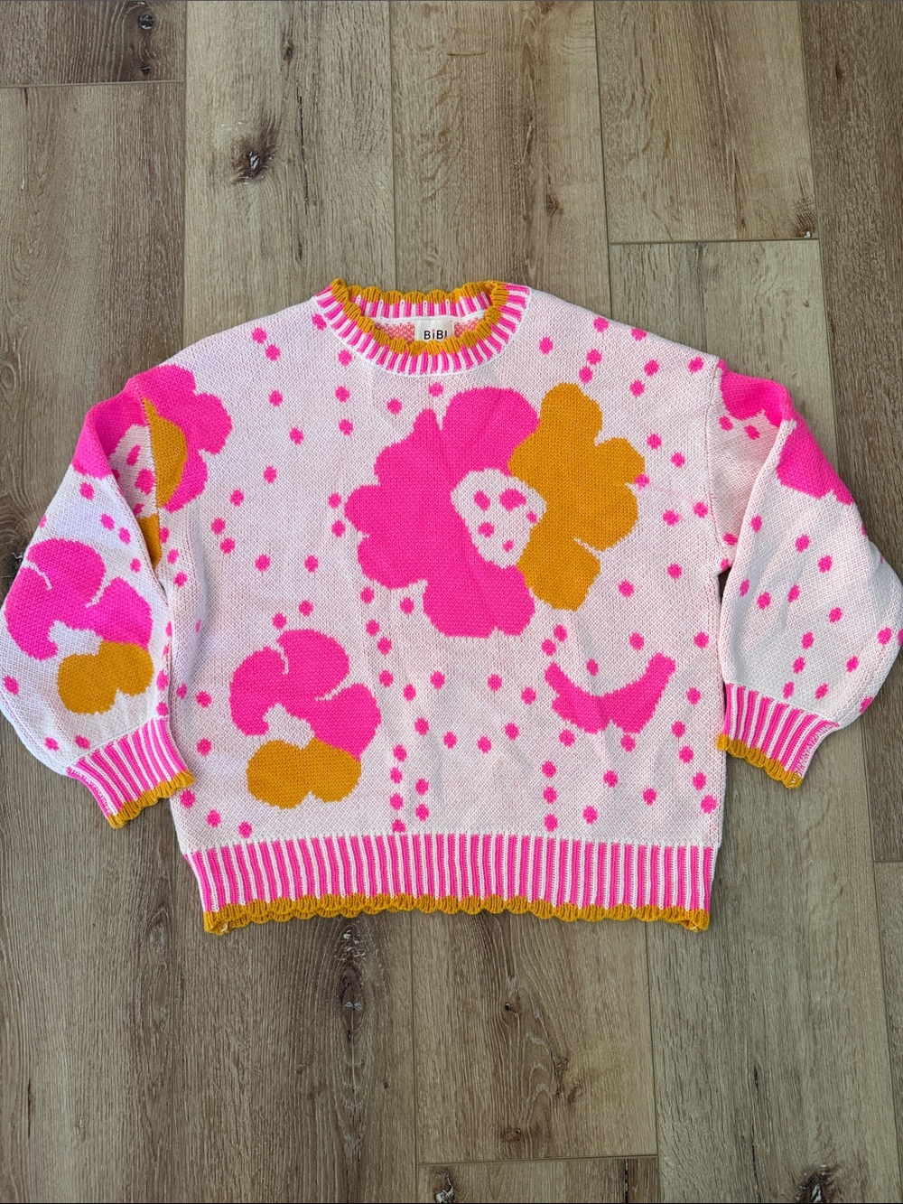 BIBI | Pink & Mustard Floral Knit Sweater | size S | Scalloped Hem